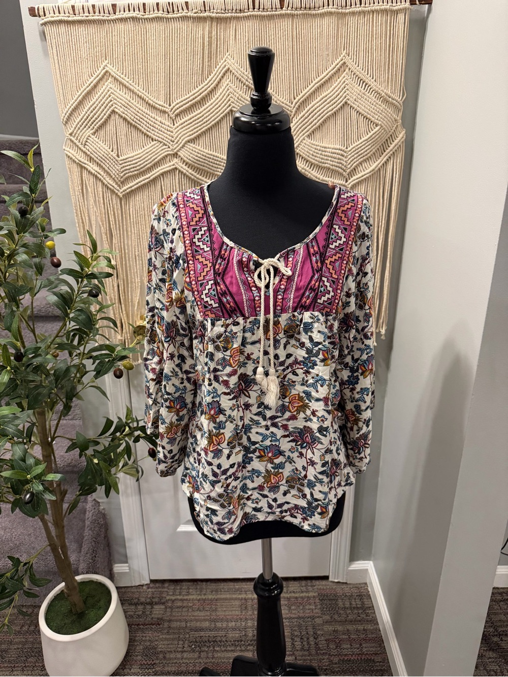 Flying Tomato Cream Floral Tunic with Pink Embroidered Yoke and Tassel Tie boho